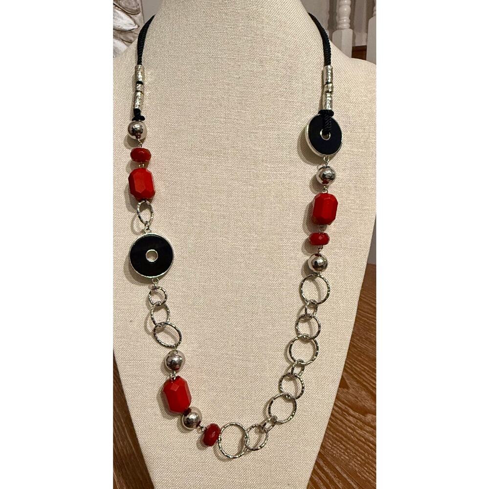 NWT Macy’s Red Black Silver Tone Statement Necklace 34” + 4”